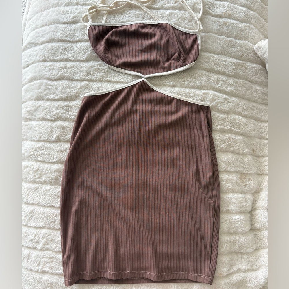White Fox Ribbed Brown Cutout Bodycon Mini Dress